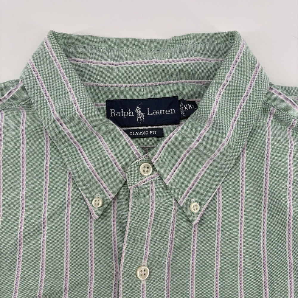 Ralph Lauren Classic Fit Button-Down SS Shirt Green W Purple Stripes Size XXL